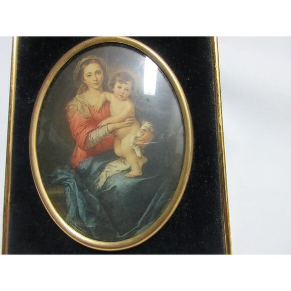 Murillo Madonna and Child Miniature in Black Velvet Italian Oval Frame 5.5 x 4.7 - Picture 2 of 5